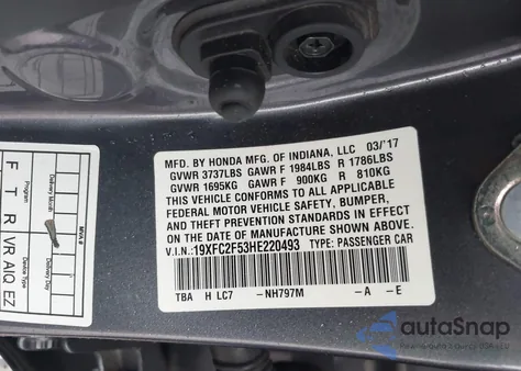 2017 Honda Civic Lx z USA, uszkodzony, nr VIN 19XFC2F53HE220493